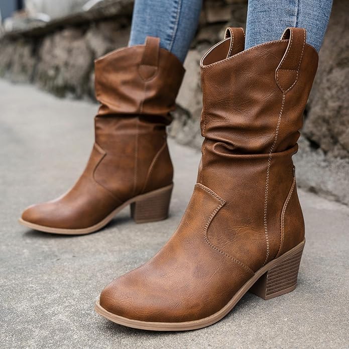 Kowbojskie buty dla kobiet szerokie łydki kowbojki botki fantazyjne - obrazek 4