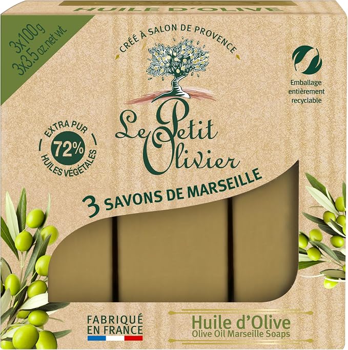 THE PETIT OLIVIER - 3 mydła marsylijskie - Oliwa z oliwek - zapach regionu tłustego - delikatnie oczyszcza skórę - Wyprodukowano we Francji - 3x100g
