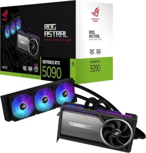 ASUS ROG Astral LC GeForce RTX 5090 32 GB GDDR7 OC Edition karta graficzna do gier z procesorem All-in-One z chłodzeniem wodnym (Nvidia DLSS4, PCIe 4.0, DP 2.1b, 360 mm AIO, | Z chłodzeniem cieczowym procesorem All-in-One, Nvidia DLSS4, PCIe 4.0, DP 2.1b, 360 mm AIO