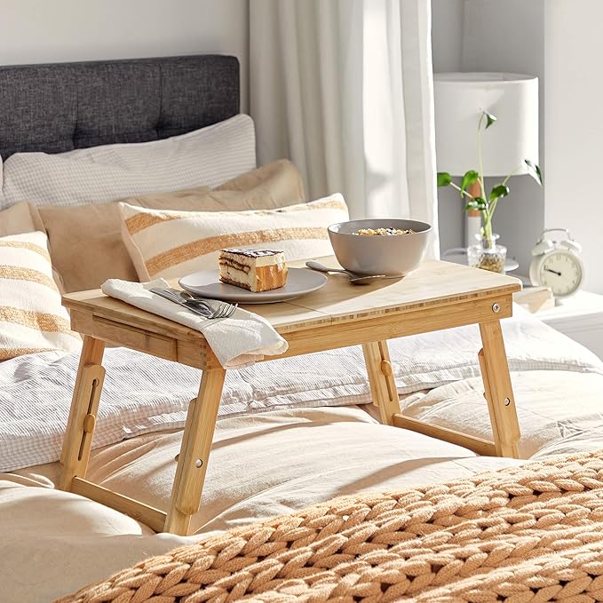 SONGMICS Regulowany stolik pod laptopa, z szufladą, składany, bambusowy | Stolik pod notebooka, do czytania lub śniadania i stół do rysowania, 55 x (21-29) x 35 cm, BAMBOU LLD01N - obrazek 5