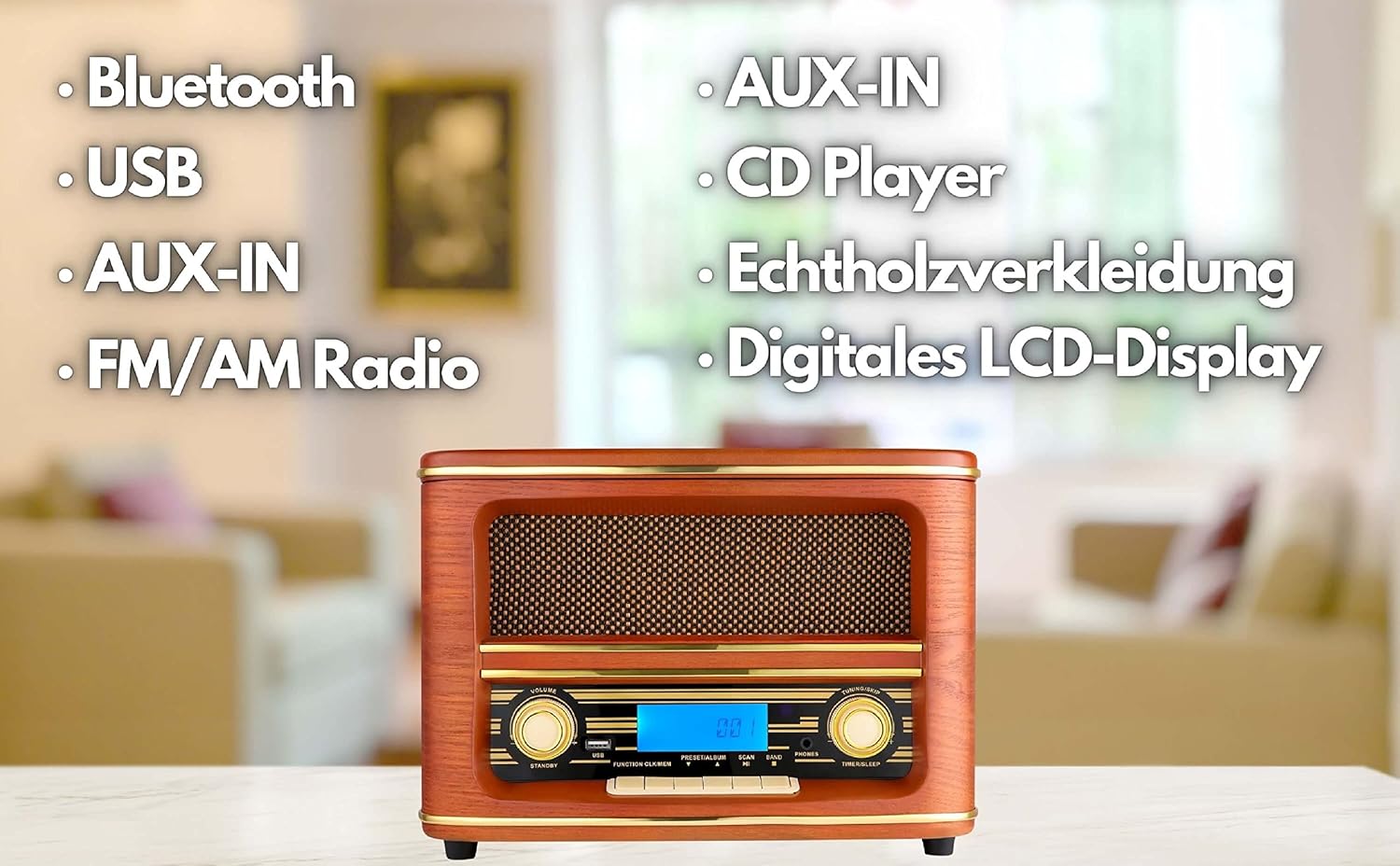 Nostalgia kompaktowy zestaw | Bluetooth | wyświetlacz LCD | retro radio drewniane z odtwarzaczem CD | USB | zestaw muzyczny w stylu retro | wieża stereo | pilot zdalnego sterowania | radio kuchenne | - obrazek 3