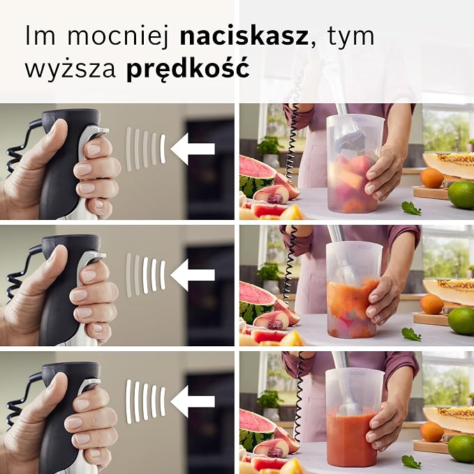 Bosch, blender ręczny, ErgoMaster Serie 8, silnik 1500 W, intuicyjna regulacja prędkości, 6-ramienne ostrze, akcesoria w zestawie, stal nierdzewna, MSM8M934 - obrazek 7