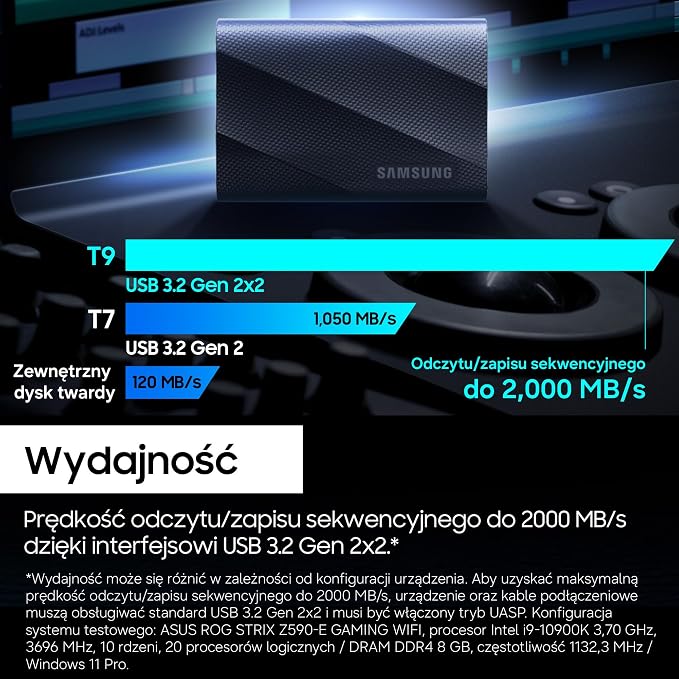 Przenośny dysk SSD Samsung T9, 2 TB, prędkość odczytu 2000 MB/s, prędkość zapisu 2000 MB/s, USB 3.2 Gen 2x2, dla profesjonalistów, zgodny z komputerami Mac, PC, smartfonami, kamerami 12K, MU-PG2T0B/EU - obrazek 5