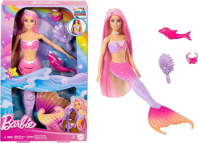 Barbie Syrenka Malibu z różowymi włosami i delfinkiem
