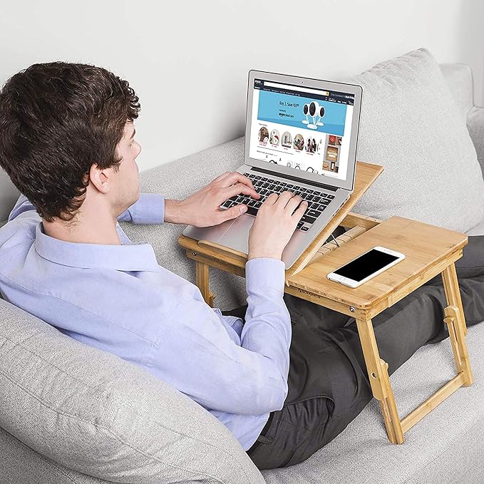 SONGMICS Regulowany stolik pod laptopa, z szufladą, składany, bambusowy | Stolik pod notebooka, do czytania lub śniadania i stół do rysowania, 55 x (21-29) x 35 cm, BAMBOU LLD01N - obrazek 3