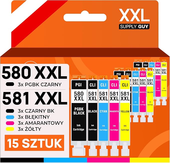 Supply Guy 580XXL 581XXL kartridże kompatybilne z Canon PGI-580 CLI-581 do Pixma TS705 TS705a TS6350 TS6350a TS6351 TS6351a TS6300 TR8550 TS9550 TS6150 TR7550 Multipack 15 kartridży 580 581 XXL