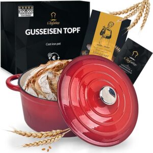 Żeliwny Garnek do Piekarnictwa 24 cm - 3,5L - Emaliowany - (Czerwony) | Indukcyjny Garnek z Pokrywką do Duszenia - Pieczenia i Smażenia