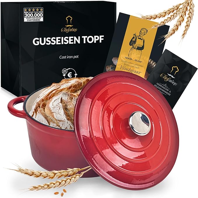 Żeliwny Garnek do Piekarnictwa 24 cm - 3,5L - Emaliowany - (Czerwony) | Indukcyjny Garnek z Pokrywką do Duszenia - Pieczenia i Smażenia
