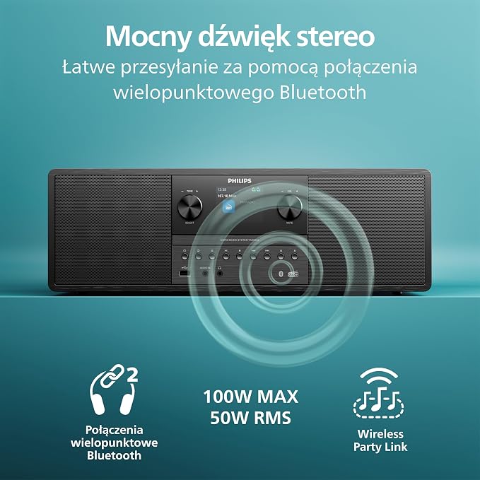 Philips TAM6500/10 Mikrowieża 100 W, Bluetooth 6.0, Auracast, radio DAB+/FM, CD/USB/wejście audio, głośniki Bass‑Reflex, kolorowy wyświetlacz, pilot, plastik pochodzący z recyklingu – czarny - obrazek 5