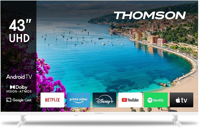THOMSON 43 calowy (109 cm) 4K Ultra HD Biały Smart Android TV, Google Assistant, Wi-Fi, Dolby Digital, Bluetooth, Triple-Tuner (Kabel/Satelita/Antena), HDMI, CI+, A+ Płyta – 43UA5S13W