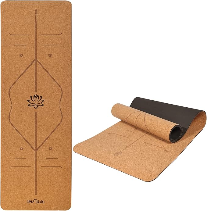 DH FitLife Mata do jogi z korka i TPE, mata gimnastyczna 183 x 61 x 0,6 cm, mata do jogi, mata sportowa, mata fitness, antypoślizgowa, grubsza mata z liniami orientacyjnymi