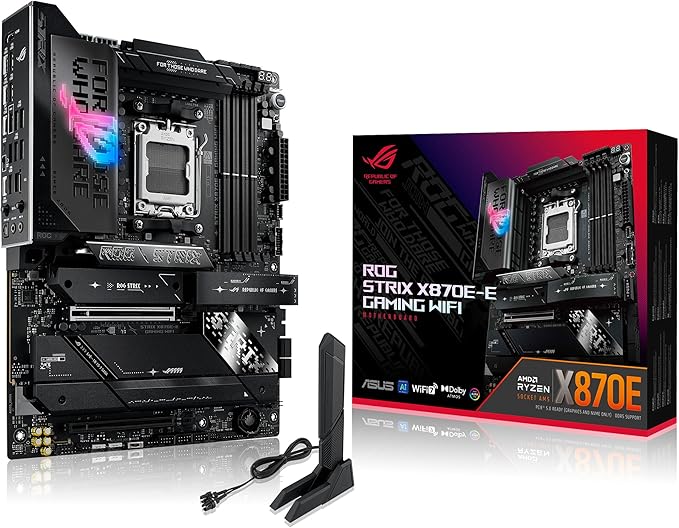 ASUS ROG Strix X870E-E do gier WiFi płyta główna AMD, 18 + 2 stopnie zasilania, gniazdo DDR5, pięć gniazd M.2, PCIe 5.0, procesor graficzny nowej generacji, WiFi 7, USB 20G z PD 3.0 do 30 W, Aura Sync