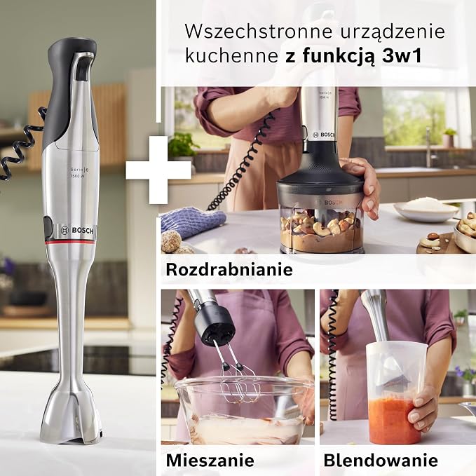 Bosch, blender ręczny, ErgoMaster Serie 8, silnik 1500 W, intuicyjna regulacja prędkości, 6-ramienne ostrze, akcesoria w zestawie, stal nierdzewna, MSM8M934 - obrazek 3