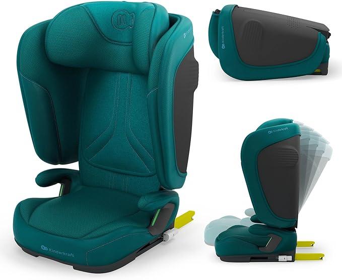 Kinderkraft UNITY 2, Fotelik 100–150 cm dla dzieci 3,5–12 lat, 5-stopniowa regulacja oparcia, Składany, ISOFIX, systemy SPS+ i H-GUARD, Tapicerka AIR FLOW, Łatwe czyszczenie, Zielony