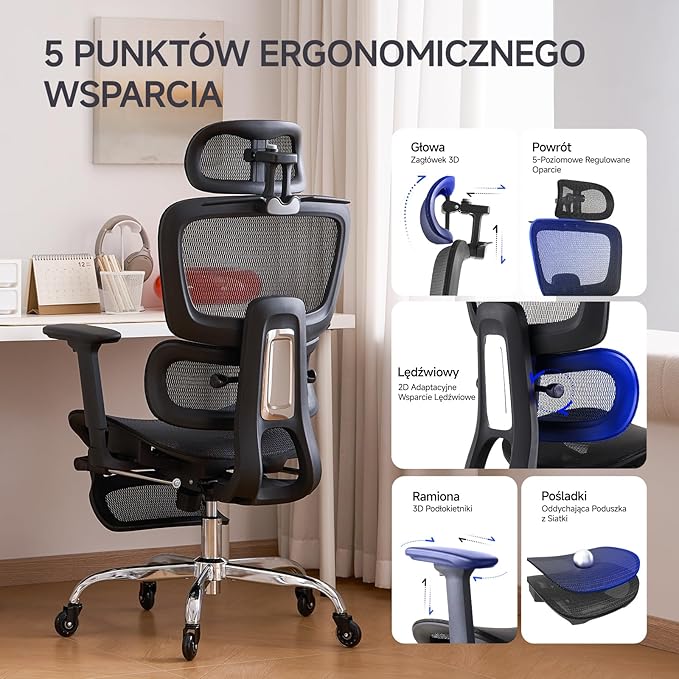 LarkLeaves Ergonomiczny Fotel Biurowy z Podnóżkiem Czarny L10 Pro - obrazek 5