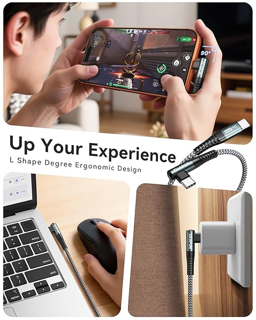 ZKAPOR Krótki kabel USB C na USB C, 30 cm kabel typu C do typu C | kąt prosty 60 W szybkie ładowanie do iPhone'a 15/15 Pro Max, Samsung Galaxy S23, Pad Pro, Air, Huawei P40 / Mate 60, Pixel - obrazek 5