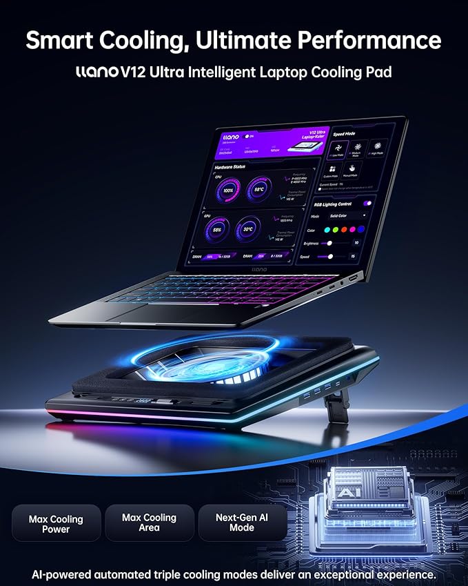 llano V12 Ultra Chłodzenie Laptop z Inteligentną Kontrolą Oprogramowania, Podstawka Chłodząca z Wentylatorem RGB do Laptopa Gamingowego, Wentylator Turbo 5.5", 3 Porty USB 3.0 do Laptopów 15.6"-19" - obrazek 2