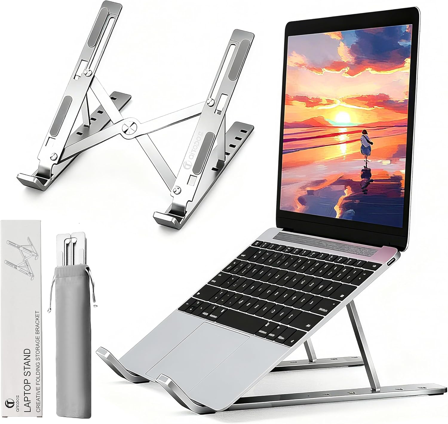 AiTodos® Stojak na Laptopa, Regulacja 6 Kątów, Srebrna | Stop Aluminium, Do Laptopów 10-16", Antypoślizgowa & Chłodzenie, Poprawa Postawy, Do Biura & Podróży, z Etui - obrazek 2