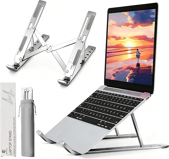 AiTodos® Stojak na Laptopa, Regulacja 6 Kątów, Srebrna | Stop Aluminium, Do Laptopów 10-16", Antypoślizgowa & Chłodzenie, Poprawa Postawy, Do Biura & Podróży, z Etui