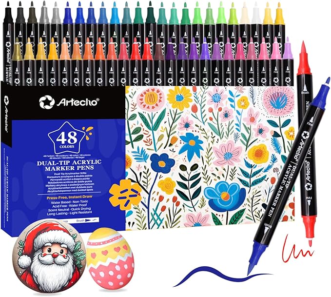 Artecho Akrylowe markery do malowania w 48 kolorach, akrylowe pisaki z końcówką pędzla i cienką końcówką, do kamienia, malarstwa skalnego, papieru, dyni, drewna, jajka, płótna, ceramiki, tkaniny