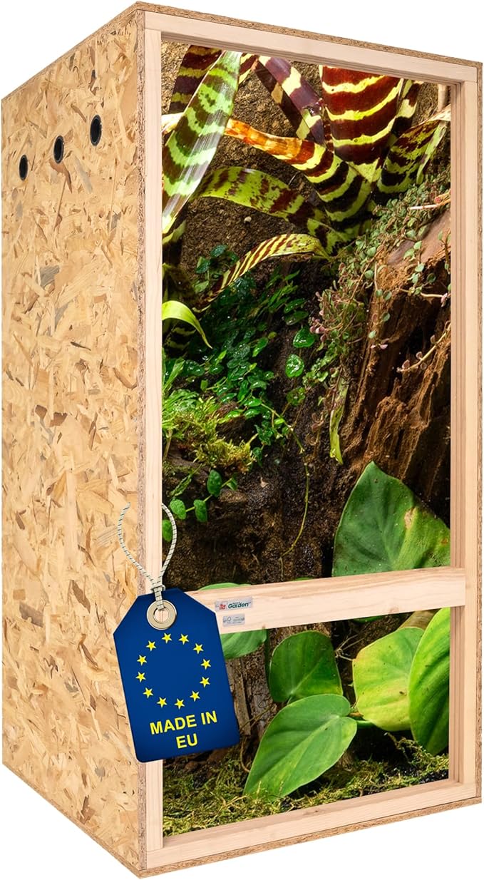 ITA Terrarium o wysokości 60 x 120 x 60 cm z boczną wentylacją i zintegrowanym higrometrem, drewniane terrarium OSB-3, dla gadów, węży, płazów, produktów UE, certyfikat FSC