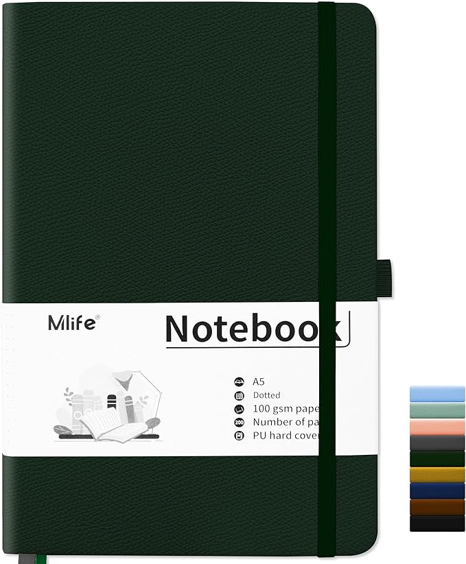 Mlife A5 Notatnik w kropki,100 GSM Gruby papier z 200 stronami, Notatnik z twardą okładką PU z wewnętrzną kieszenią, Elastyczna opaska, Notatniki do pisania w biurze, szkole, domu i firmie(Zielony)