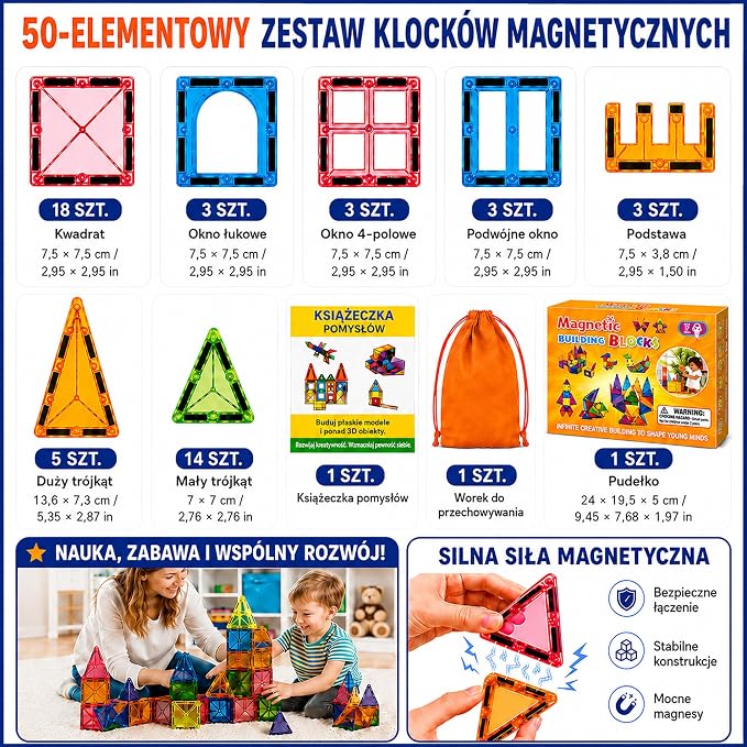 Zestaw 50 Magnetycznych Klocków - obrazek 2