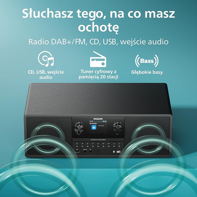 Philips TAM6500/10 Mikrowieża 100 W, Bluetooth 6.0, Auracast, radio DAB+/FM, CD/USB/wejście audio, głośniki Bass‑Reflex, kolorowy wyświetlacz, pilot, plastik pochodzący z recyklingu – czarny - obrazek 3