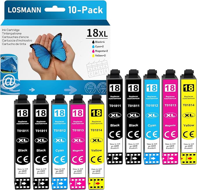 LOSMANN Wkłady do drukarki 18XL kompatybilne z Epson 18 XL do Home XP-322 XP-305 XP-215 XP-225 XP-412 XP-422 XP-325 XP-312 XP-315 XP-205 XP-415 XP-425 (czarny, cyjan, magenta, żółty, 10 sztuk)