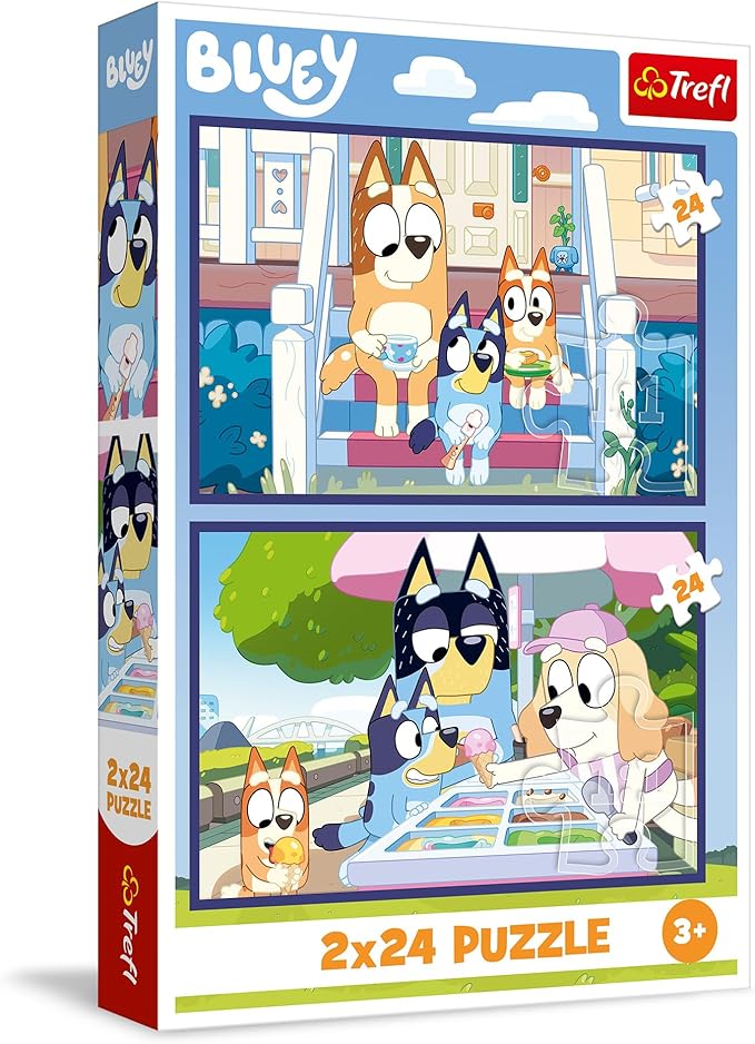 Trefl - Puzzle 2x24 Elementów, 2w1: Zabawna Bluey, Bluey, 3+ | Zestaw 2 Układanek, Bohaterowie Bajek, Rozwój Koncentracji i Spostrzegawczości, Wysoka Jakość, Idealny Prezent