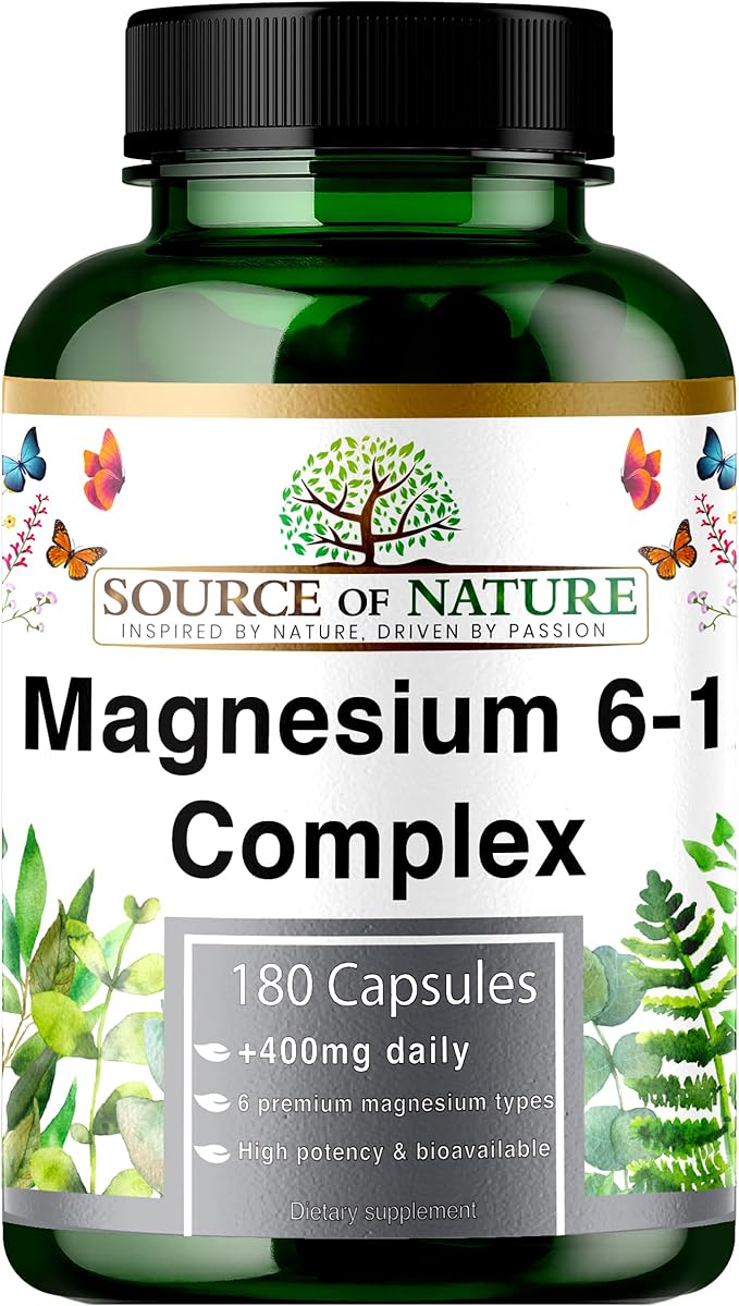 Magnez Kompleks 6-1 1500 mg Dziennie | 400 mg Magnezu Elementarnego | Tlenek, Bisglicynian, Jabłczan, Taurynian, Cytrynian & Asparaginian | 180 Kapsułek Wegańskich | Wysoka Dawka & Biodostępność