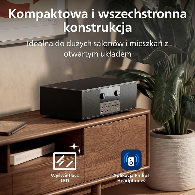 Philips TAM6500/10 Mikrowieża 100 W, Bluetooth 6.0, Auracast, radio DAB+/FM, CD/USB/wejście audio, głośniki Bass‑Reflex, kolorowy wyświetlacz, pilot, plastik pochodzący z recyklingu – czarny - obrazek 4