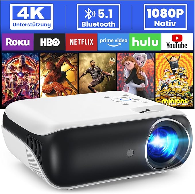 HOPVISION Projektor, Projektor Full HD 1080P, Projektor Bluetooth z Obsługą 4K, Przenośny Mini Projektor do Kina Domowego, Projektor Kompatybilny ze Smartfonem/HDMI/USB/AV/Fire Stick/PS5