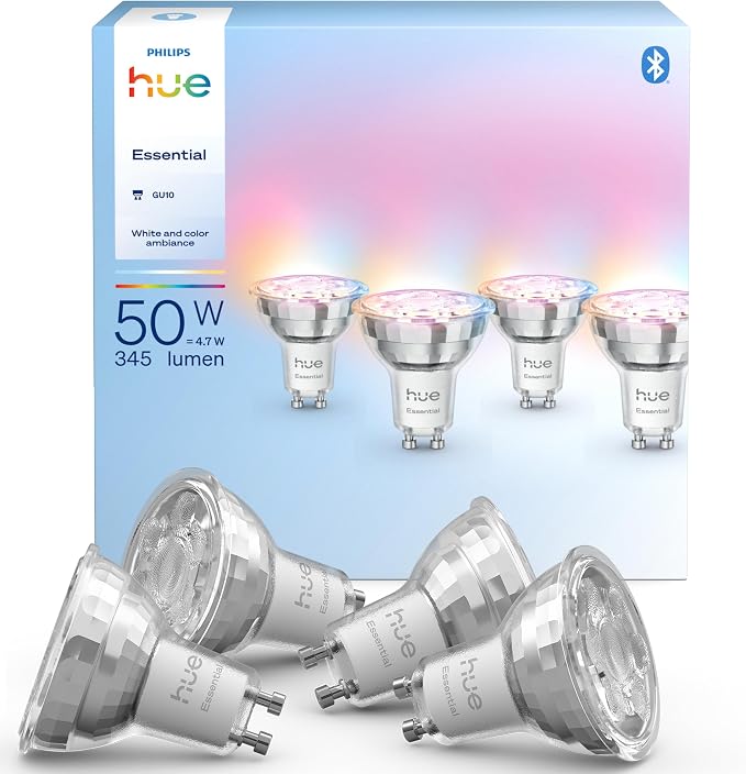 Żarówka Philips Hue Essential Smart LED – żar. punktowa GU10, White and Color Ambiance, 4,7 W, 2200K–6500K, 345 lumenów, przyciemnianie, działa z Alexą, Asystentem Google i Apple Home, op. 4 szt.