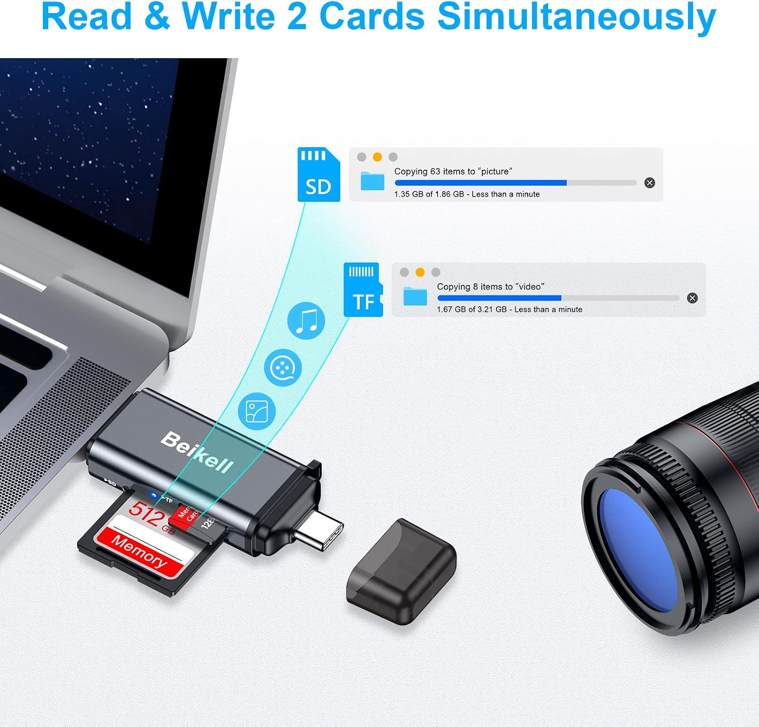 Beikell Czytnik Kart SD 3.0, Adapter Kart Pamięci USB C z Podwójnym Złączem | Obsługuje SD/SDXC/Micro SD/Micro SDXC/SDHC/MMC/RS-MMC/UHS-I, kompatybilny z iPhone 17 16 15 Series, MacBook Pro, Air, Galaxy - obrazek 6
