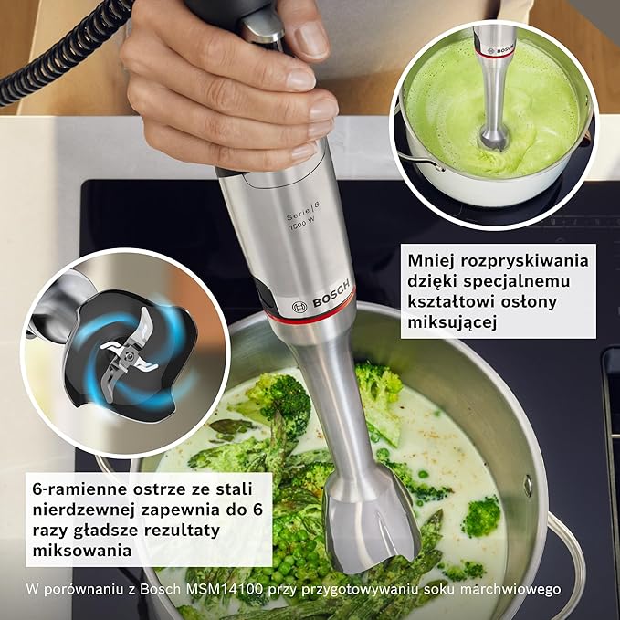 Bosch, blender ręczny, ErgoMaster Serie 8, silnik 1500 W, intuicyjna regulacja prędkości, 6-ramienne ostrze, akcesoria w zestawie, stal nierdzewna, MSM8M934 - obrazek 6