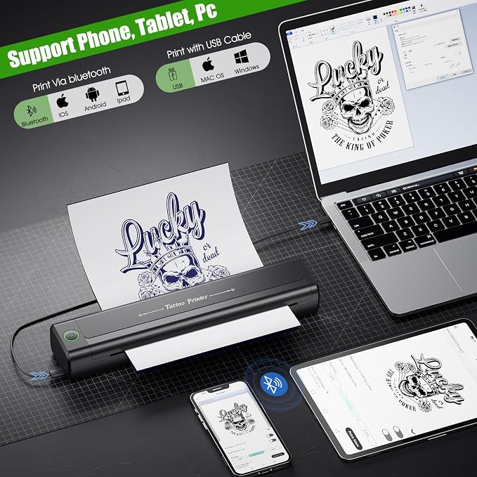 BIOMASER H1 Drukarka Szablonów Tatuażu, drukarka Termiczna z Tatuażami Bluetooth, Drukarka Termiczna do Tatuażu kompatybilna z iPadem, telefonem i komputerem z 10 arkuszami papieru - obrazek 3