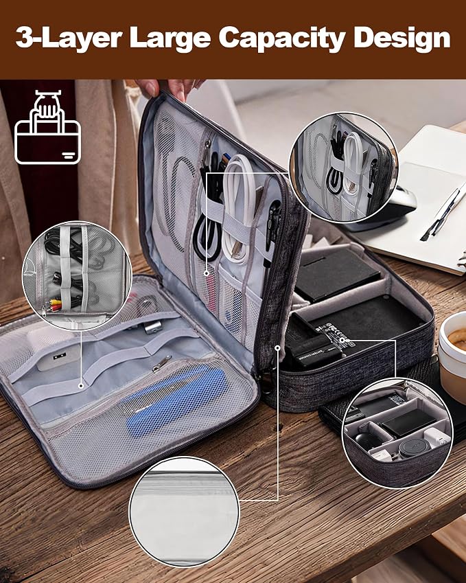 Organizer, torba na kabel, torba na podróż i do domu, 3-warstwowe etui elektroniczne o dużej pojemności, wodoszczelne i odporne na uderzenia, idealne na kable, iPada, ładowarkę, telefon komórkowy - obrazek 2