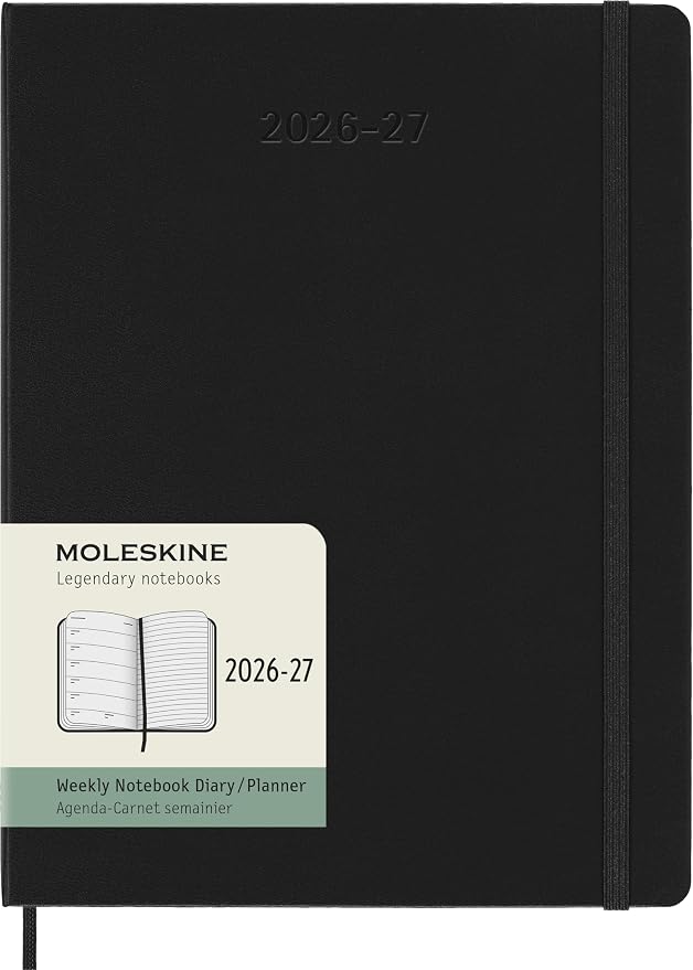 Moleskine Planer tygodniowy 2026 2027-18-miesięczny z miejscem na notatki, twarda okładka i elastyczne zamknięcie, kolor czarny, rozmiar XL 19 x 25 cm