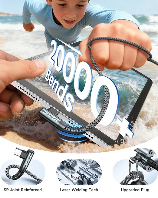 ZKAPOR Krótki kabel USB C na USB C, 30 cm kabel typu C do typu C | kąt prosty 60 W szybkie ładowanie do iPhone'a 15/15 Pro Max, Samsung Galaxy S23, Pad Pro, Air, Huawei P40 / Mate 60, Pixel - obrazek 6