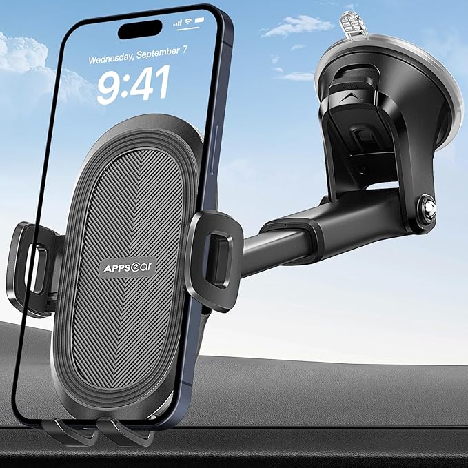 APPS2Car Uchwyt na telefon z przyssawką, przednia szyba, deska rozdzielcza, okno, uniwersalna deska rozdzielcza i przednia szyba, uchwyt samochodowy na telefon z mocną lepką podkładką żelową,