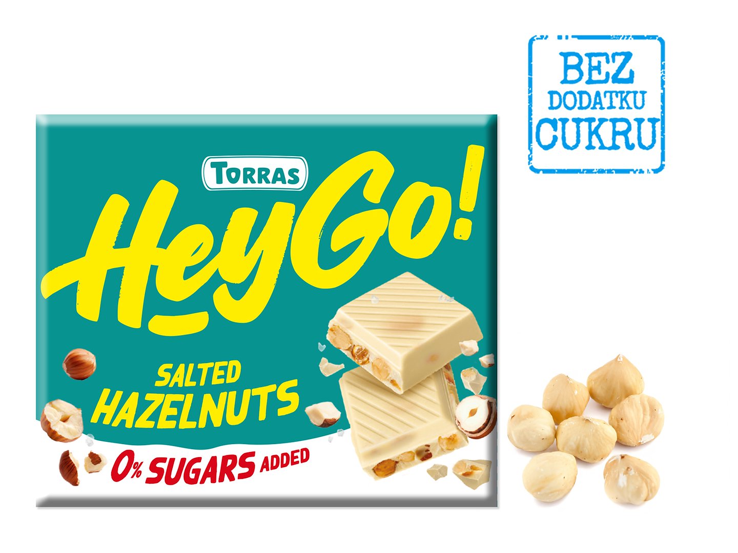 CZEKOLADA BIAŁA Z ORZECHAMI LASKOWYMI I SOLĄ MORSKĄ BEZ DODATKU CUKRÓW BEZGLUTENOWA 60 g - TORRAS