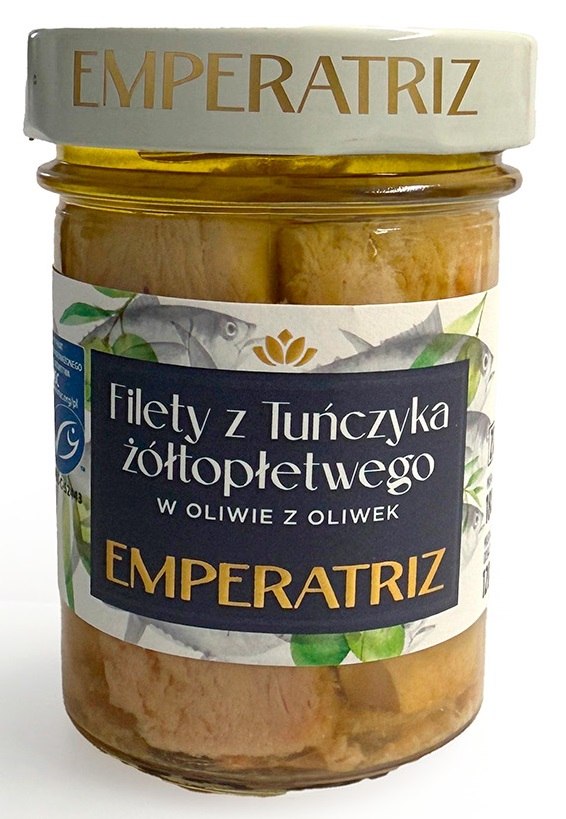 TUŃCZYK ŻÓŁTOPŁETWY FILETY MSC W OLIWIE Z OLIWEK 180 g (SŁOIK) - EMPERATRIZ
