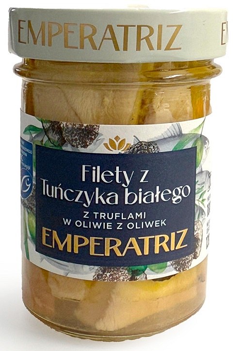 TUŃCZYK BIAŁY FILETY MSC W OLIWIE Z OLIWEK Z TRUFLĄ 180 g (SŁOIK) - EMPERATRIZ
