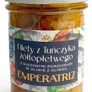 TUŃCZYK ŻÓŁTOPŁETWY FILETY MSC W OLIWIE Z OLIWEK Z SUSZONYMI POMIDORAMI 180 g (SŁOIK) - EMPERATRIZ