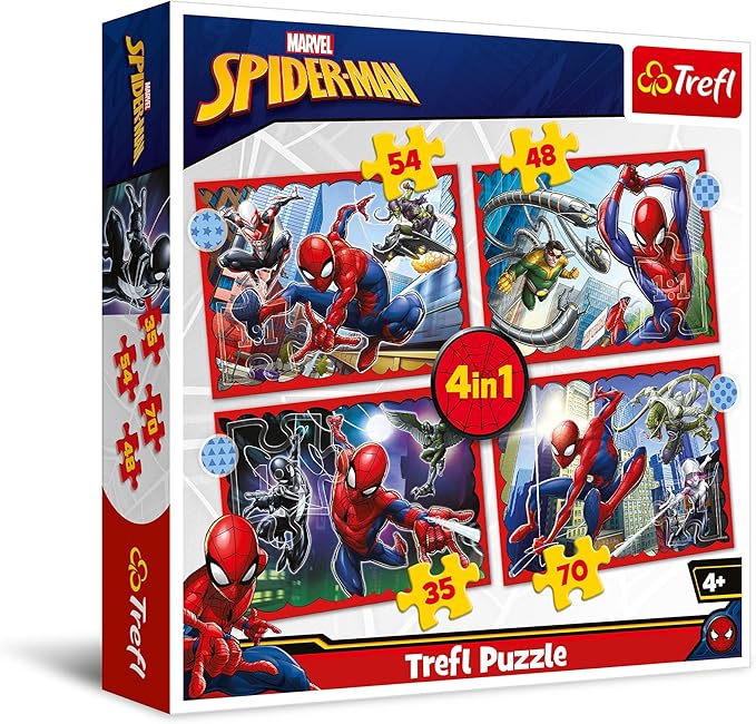 Trefl - Puzzle 4w1: Bohaterski SpiderMan, 4+ | Zestaw 4 Układanek, Bohaterowie Bajek, Rozwój Koncentracji i Spostrzegawczości, Wysoka Jakość, Idealny Prezent