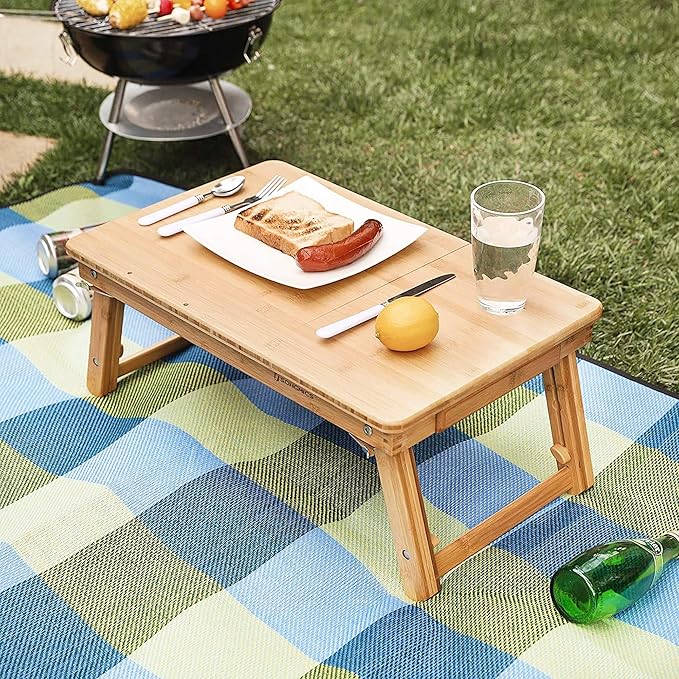 SONGMICS Regulowany stolik pod laptopa, z szufladą, składany, bambusowy | Stolik pod notebooka, do czytania lub śniadania i stół do rysowania, 55 x (21-29) x 35 cm, BAMBOU LLD01N - obrazek 7