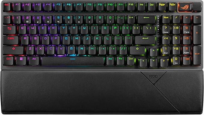 ASUS ROG Strix Scope II 96 Bezprzewodowa mechaniczna klawiatura do gier – 96% pełnowymiarowe połączenie trójtrybowe, kompatybilna z Bluetooth, wstępnie nasmarowane przełączniki liniowe ROG NX Snow